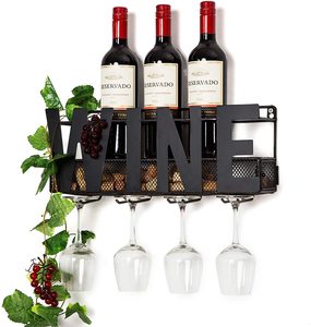 Wholesale Decorative Wall Mounted Hanging Metal Wine Rack Holder with 4 Long Stem Glass Holder & Wine Cork Storage