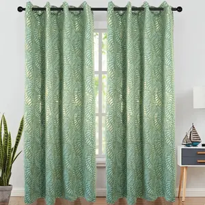 宾迪新到豪华烫金索环窗帘箔印花植物叶子设计卧室窗帘
