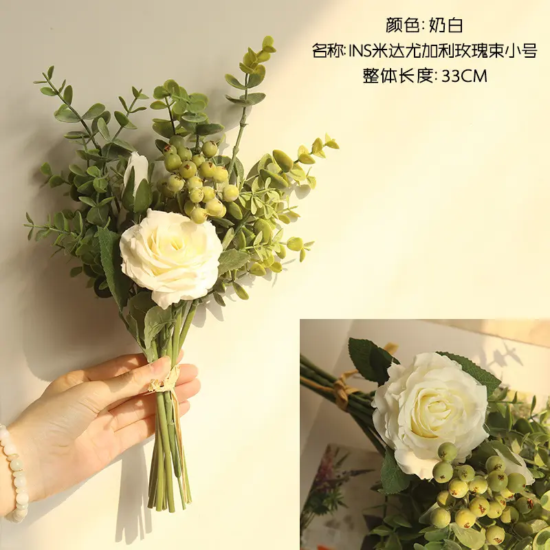 D-FB001 Artificial Silk Rose Eucalyptus Leaves Berries Home Decor Flower Arrangements Wedding Bouquets Decorative