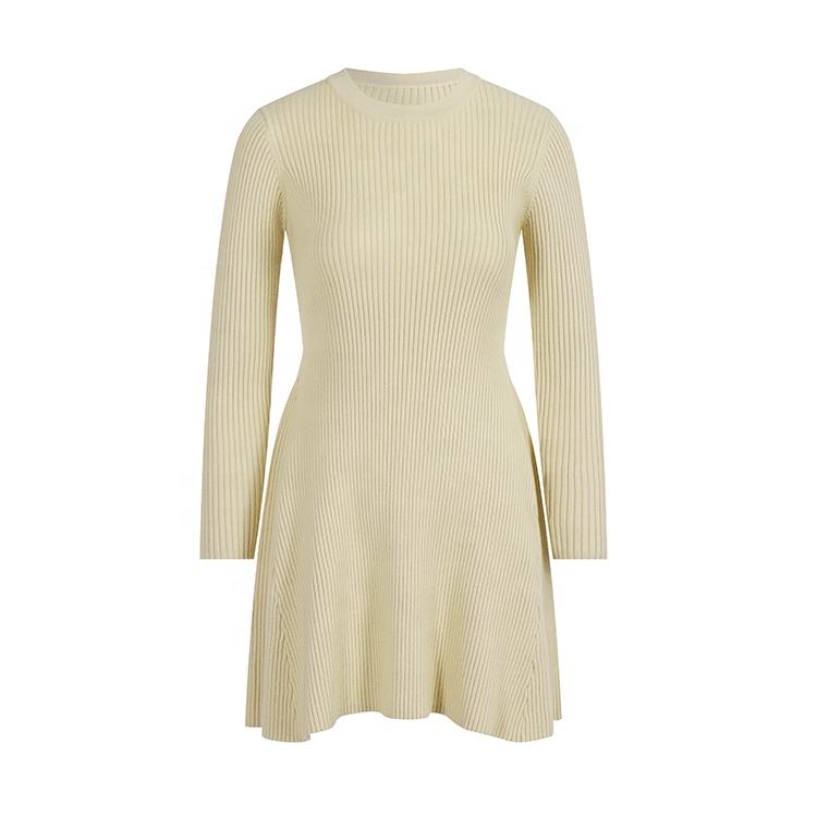Knitwear Manufacturers Custom Crewneck Long Sleeve Sweater Dress Casual Women's Short Mini Rib Knit Dress 