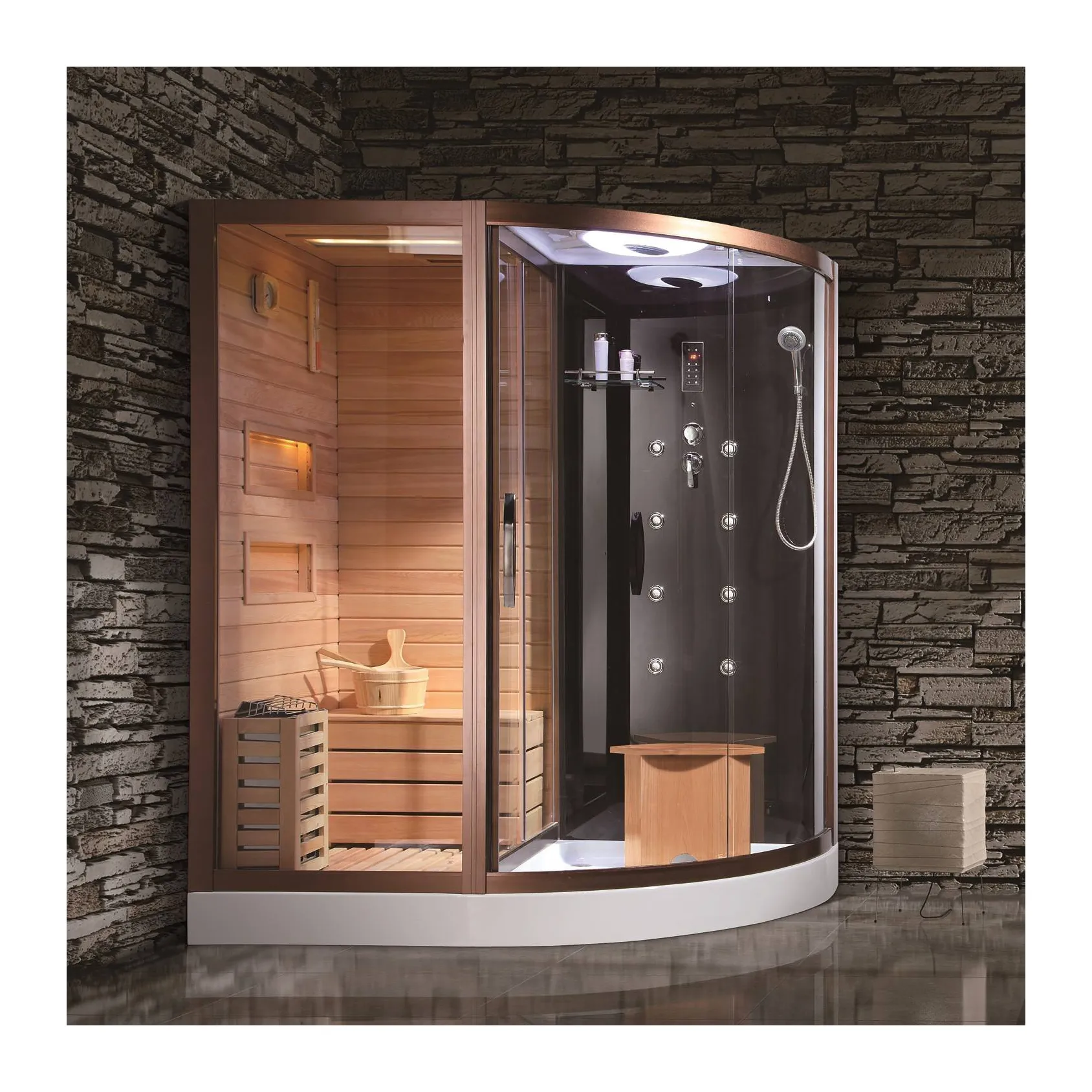 Sala de sauna de madera Fábrica de vapor seco y húmedo Juntos Ducha de vapor de lujo de vidrio templado
