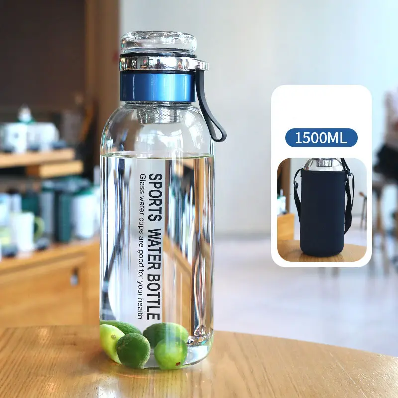 Drinking Sports Water Bottle CLASSIC Unisex Bubble Bag + White Box with Filter Borosilicate Glass Camping Gym Customized 1.5L