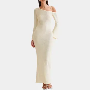 2024 Oem Supplier Custom Sexy Ladies One Shoulder Off Dresses Elegant Party Wear Hollow Out Women Summer White Maxi Dress