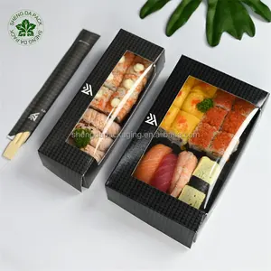Caja de papel de Sushi desechable Biodegradable, personalizada, negra, con ventana