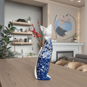 Unique Handmade Home Decor <strong>Cat</strong> <strong>Figurine</strong> Blue and White Pattern <strong>Cat</strong> Ornament Custom Resin Sculpture - Product Image 3