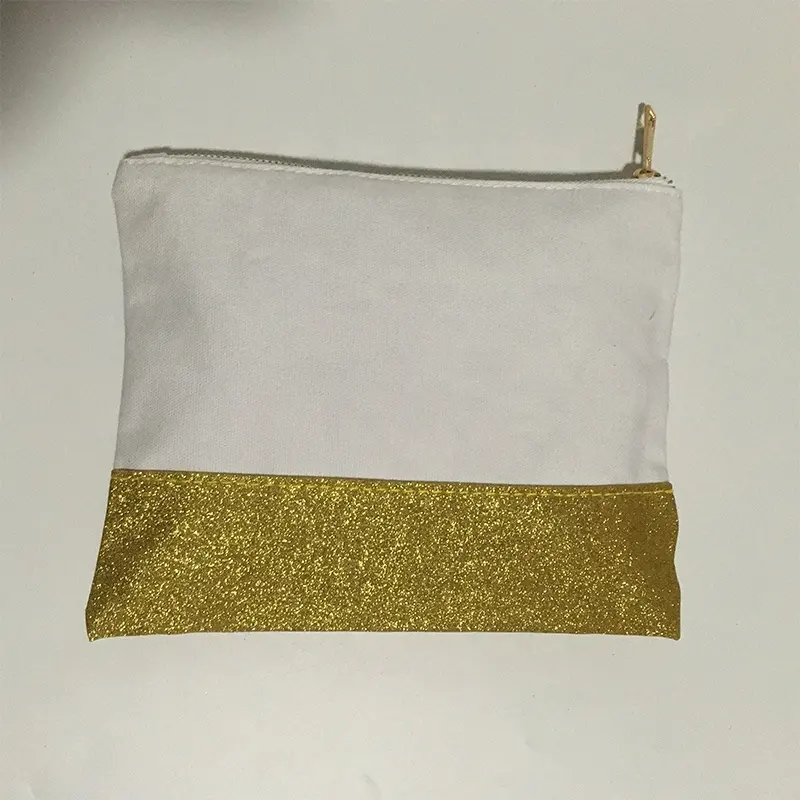 Gold zip top glitter makeup bag 12oz cotton canvas zipper bag pouch glitter canvas cosmetic bag with white polyester lining