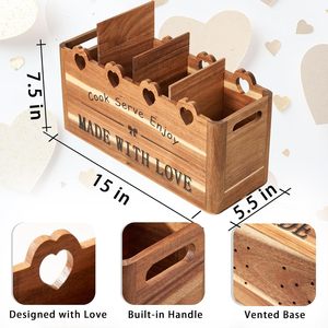 Porte-ustensiles pour comptoir de cuisine, 4 grands compartiments, organisateur en bois, panier de rangement classique, outils de cuisine, couverts - Product Image 2