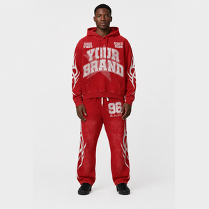 Ensemble survêtement personnalisé en coton 100% avec broderie rouge, sweat à capuche et pantalon de jogging en molleton oversize pour hommes et femmes, streetwear, OEM - Product Image 4