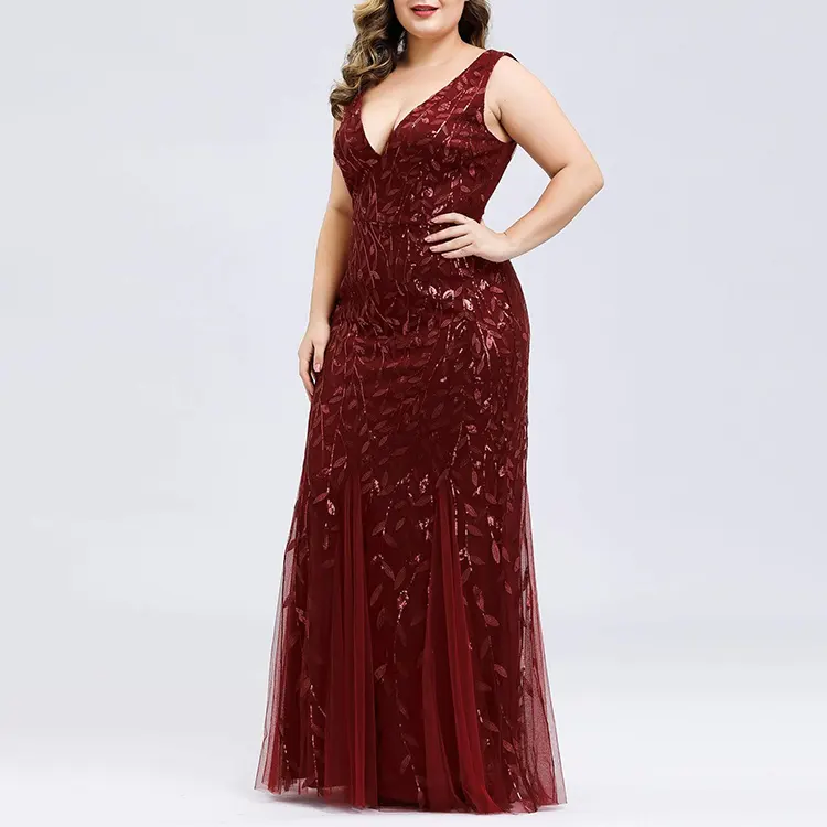 Famous Brands Designer New Ladies Plus Size Wedding V-neck Red Fishtail Sequin Party Evening Formal Elegant Maxi Dress for Women