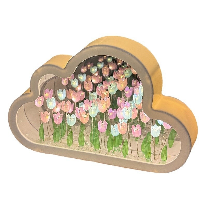 Creative Cloud DIY Night Light Birthday Tulipanes LED Lampara Artificial Flowers Acrylic Mirror Lamp Bedroom Decor Home Gift