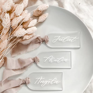 Marque-places <span class=keywords><strong>de</strong></span> mariage en acrylique gravé au laser sur mesure, cartes <span class=keywords><strong>de</strong></span> nom <span class=keywords><strong>de</strong></span> fête <span class=keywords><strong>avec</strong></span> rubans, panneaux « Réservé », marque-pages, plaques <span class=keywords><strong>de</strong></span> livre - Style moderne - Product Image 2