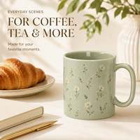 Tasse à boisson en céramique grès de qualité supérieure, motif floral marguerite blanc brillant vert sauge, pour le petit-déjeuner, la cuisine et la salle à manger