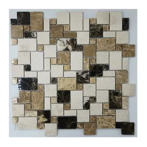 ZF Pola Ubin Mosaik Batu Marmer Mosaik 3D, Seni Mosaik Batu Alam Hitam Abu-abu dan Putih untuk Dekorasi Dinding