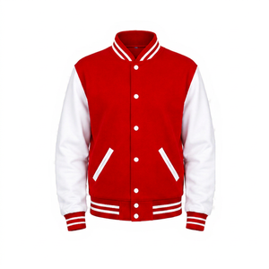 <b>Men</b> red Wool Varsity <b>Jacket</b> With Brown Leather Sleeves Preppy Style Turn-down Collar Button Closure Autumn Wear - Product Image 1