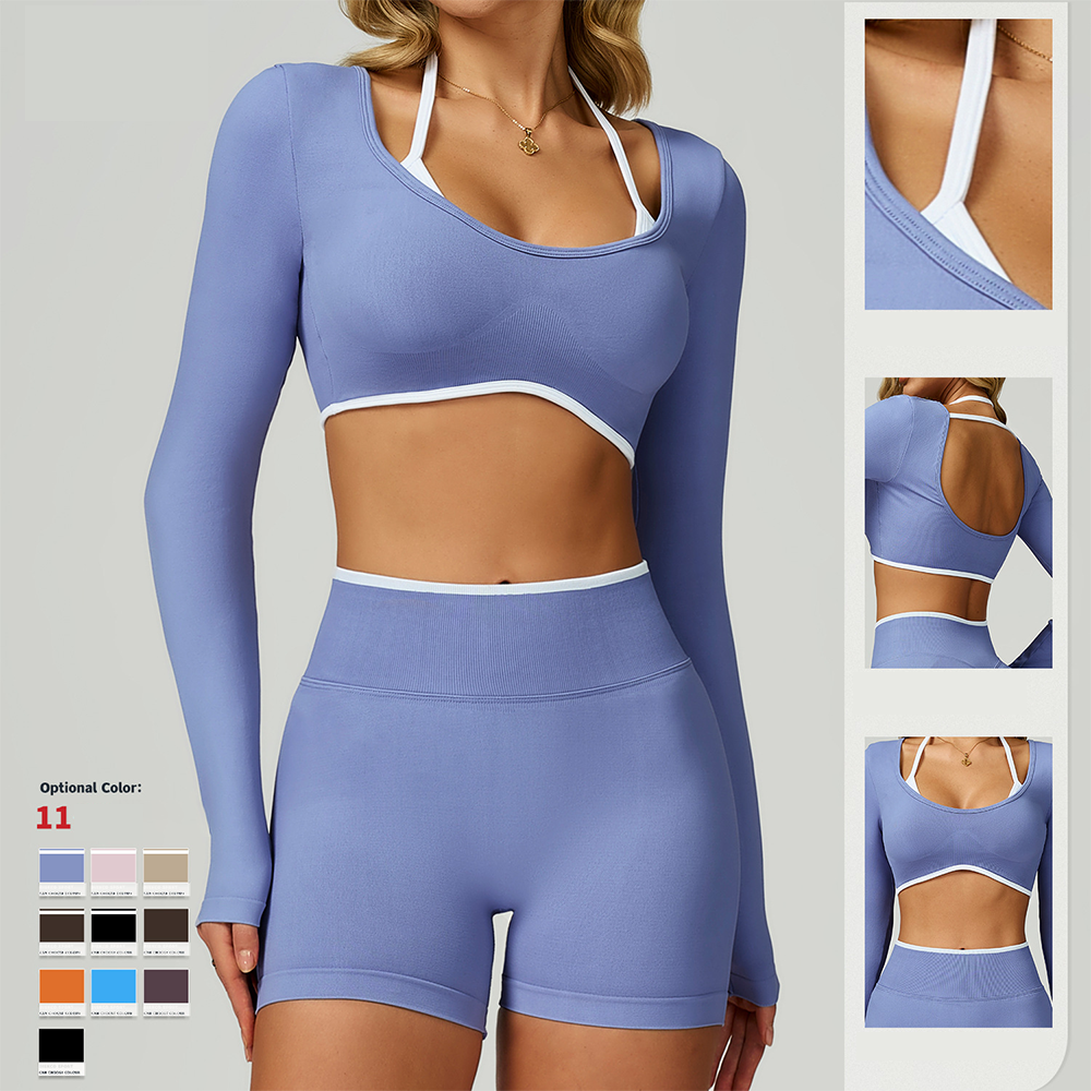 2025 Custom Halter Sports Bra Long Sleeve Crop Top Running Quick Dry Seamless Fitness Clothes Yoga Top For Women