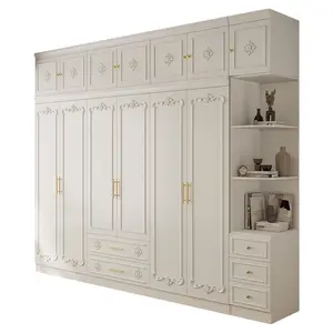 Solid Wood Country Bedroom Furniture Hinged Door Storage Cabinet White French Style Wardrobe with Drawers