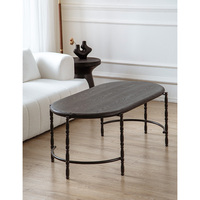 Table basse de style vintage français avec cadre en métal, plateau en bois massif à 2 niveaux, ovale, noir, meubles de maison durables
