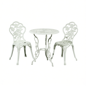 Conjunto de mesa y sillas de jardín de aluminio fundido con diseño de rosas, estilo tradicional blanco, muebles de patio. - Product Image 1