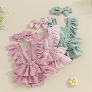 Infant Dress Fly Sleeve Square Neck Polka Dots Layered Hairband Baby Girls Princess Romper