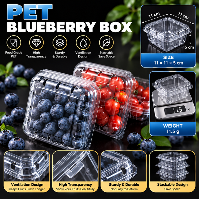 Wholesale Custom Disposable Clear PET Food Grade Clamshell Blueberry Container