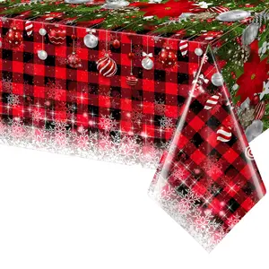 54x108inch塑料圣诞树球桌盖长方形冬季雪花桌布节日新年派对装饰品