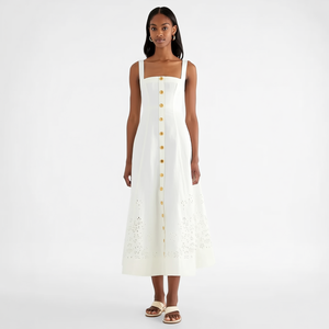 Robe <span class=keywords><strong>midi</strong></span> pour femme, style bohème resort, col carré, sans manches, coupe trapèze, avec broderie à œillets et découpe laser blanche, fabrication sur mesure - Product Image 4