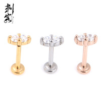 Labret en acier chirurgical 316L plaqué or, style push-in, pour fiançailles et mariage, avec 2 CZ sans filetage