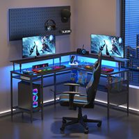 Meja Komputer Reversibel untuk Kantor di Rumah dengan Dudukan Monitor, Lampu LED Sudut, Meja Gaming Bentuk L dengan Soket dan Port USB
