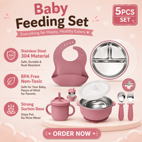 Ensemble de vaisselle pour bébé en acier inoxydable 304, assiette à forte succion, bol avec couvercles, fourchette, cuillère, bavoir, ensemble de vaisselle pour enfants, vente en gros