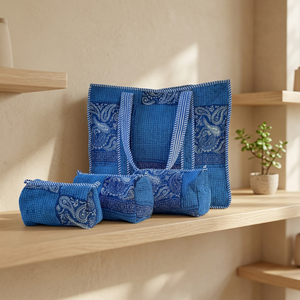 Blue Vintage Bohemian Cotton Tote <b>Bag</b> with Paisley Pattern <b>Patchwork</b> Zipper Top for Beach & Shopping All Seasons - Product Image 6