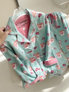 Ensemble de pyjama en satin de qualité pour femmes 0223 100% coton, nouveau, soie glacée et neige, manches longues, motif uni, robe de maison pour personnes âgées - Product Image 2