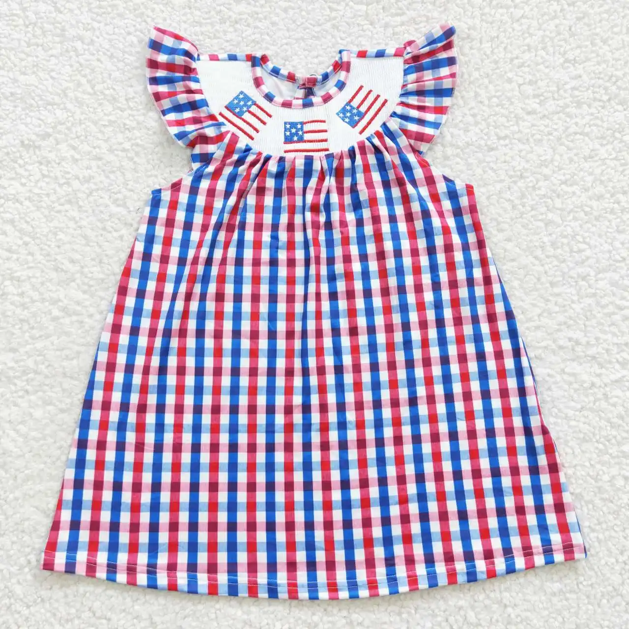 GSD0357 4 luglio bambini vestiti per ragazze bandiera di alta qualità stampa ricamata blu rosso bianco plaid vestito grembiule con maniche a mosca