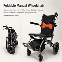 Fauteuil roulant manuel pliable avec roue arrière en PU de 12 pouces, cadre en aluminium et siège double en tissu Oxford
