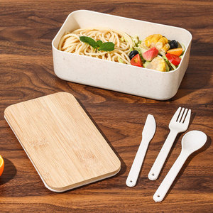 Wheat Straw <b>Lunch</b> <b>Box</b> Rectangle Wooden Lid <b>Microwave</b> Safe Bento <b>Box</b> Student Meal Container - Product Image 3