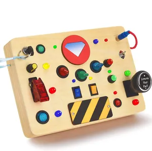 Educational Toddler Pluggable Wires Electric Sensory Montessori Wooden Busy Board Toys With LED Light Switch