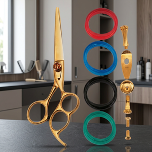 Ciseaux de barbier professionnels en acier inoxydable de 5 pouces pour droitiers avec vis réglable et inserts de bagues de doigt en quatre couleurs - Product Image 2