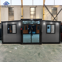 Maison conteneur modulaire préfabriquée moderne à double aile, avec porte coulissante en verre, pour jardin, cour arrière, studio d'accueil, en acier extensible