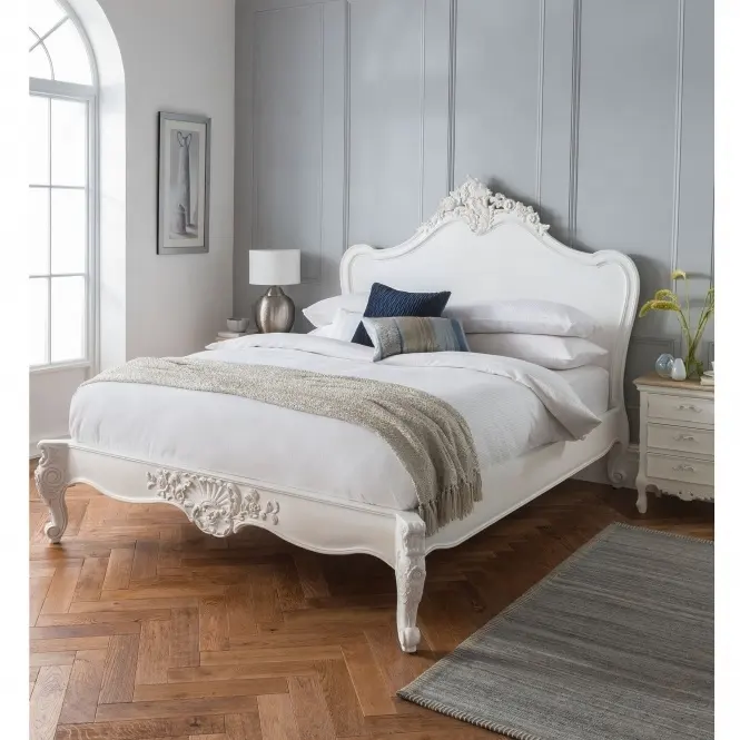 고품질 프랑스 단단한 나무 수제 새겨진 침실 킹 침대 화이트 퀸 침대