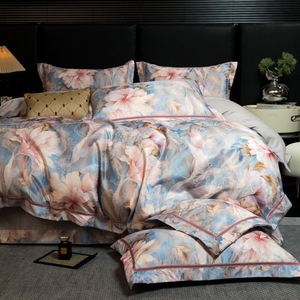 Bleu Floral Plante Impression Numérique Housse de Couette <span class=keywords><strong>Gris</strong></span> Draps Lumière De Luxe Quatre Pièces Ensemble de Literie Textile À La Maison - Product Image 4
