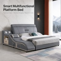 Lit rembourré multifonctionnel avec enceintes Bluetooth, charge sans fil, console de rangement intégrée, cadre en bois massif