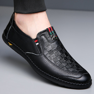 White Men's Loafers Slip-On Round Toe Genuine Leather Breathable <b>Rubber</b> Sole Casual Shoes - Product Image 3