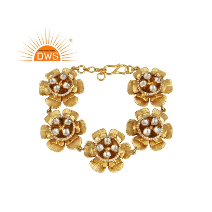 Flower Design Yellow Gold Plated 925 Silver Chain Bracelet Crystal Polki Bracelet Jewelry Wholesale