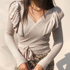 Maglione Sexy da <span class=keywords><strong>Donna</strong></span> Personalizzato, Ultima Moda Autunnale, Tinta Unita, Scollo a V con Lacci e Volant, Top Alla Moda - Product Image 6