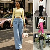 Ensemble sportif décontracté style coréen automne : haut court à col rond et manches longues, pantalon de survêtement taille haute à cordon de serrage et jambes larges
