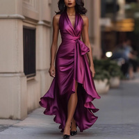 Robe élégante asymétrique unie à col en V sans manches avec lien pour femme, style mode pour le bureau, prête à être expédiée, livraison rapide