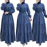 Robe musulmane HANO pour femme, couleur unie, longue, élégante, à la mode, avec manches portefeuille et taille cintrée, style cowboy, pour l'Aïd au Moyen-Orient