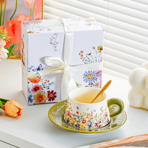 ชุดแก้วกาแฟเซรามิกพร้อมจานรอง 270 มล. ลายดอกไม้ พร้อมหูจับ สำหรับของขวัญช่วงบ่าย - Product Image 4