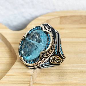 Bagues vintage vertes turques en pierres précieuses pour hommes, style arabe musulman islamique, en argent, accessoires de bijouterie pour le Ramadan - Product Image 3