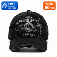 Casquette de baseball WEINI rétro avec motif planète, en coton délavé noir, style déchiré, pour hommes et femmes, style hip-hop urbain, vente en gros