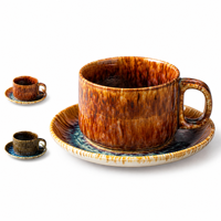 Tasse à café en céramique avec glaçure réactive et soucoupe, marron et bleu, pour café, dessert ou table de café